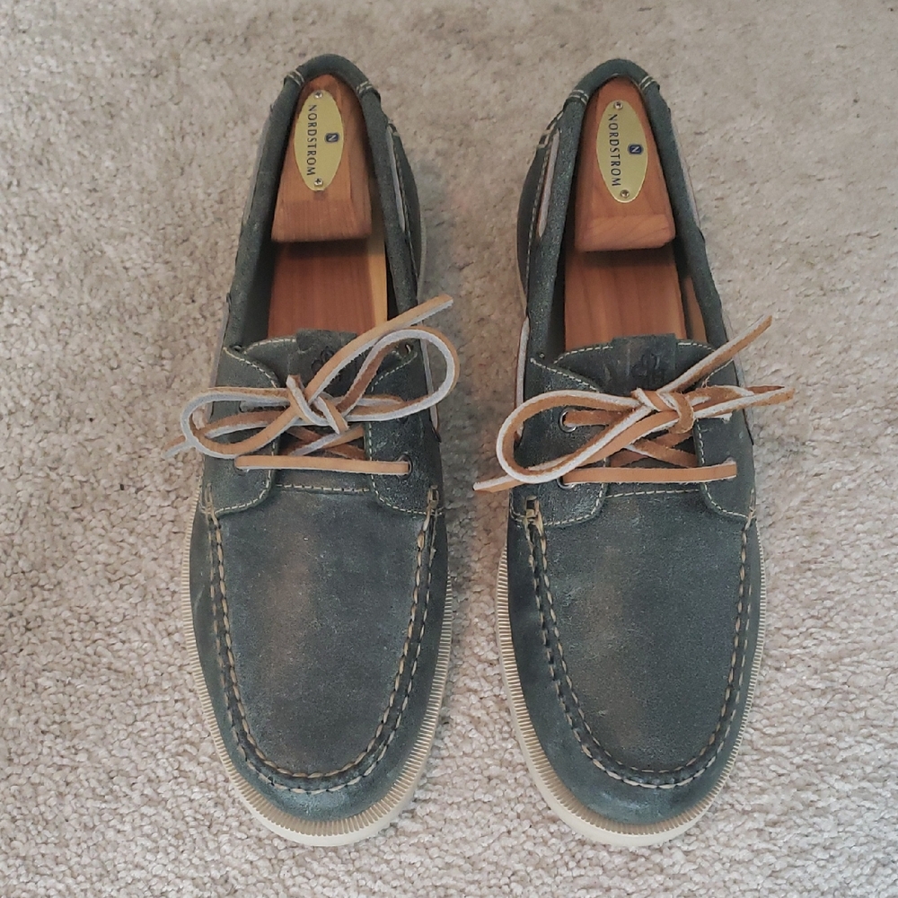 Blue Suede Boat Shoes with Moccasin Stitching
